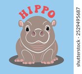 A cute illustration  picture of a baby pygmy hippo named Moo Deng from a zoo in Thailand, decorated with the word hippo on top and a background color is blue.