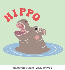 A cute illustration  picture of a baby pygmy hippo named Moo Deng from a zoo in Thailand, decorated with the word hippo on top and a background color is soft green.