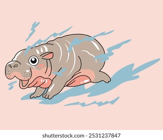 Uma imagem ilustração bonito de um bebê hippo pigmeu chamado Moo Deng de um zoológico na Tailândia. O bebê do hipopótamo está correndo rápido e saltando água por todo o seu corpo.