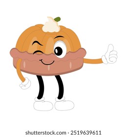 Cute illustration of a pie character in the form of a smiling slice with a raised thumb and a round pie with cream topping waving happily. The character wears white gloves and black shoes, displaying