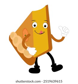 Cute illustration of a pie character in the form of a smiling slice with a raised thumb and a round pie with cream topping waving happily. The character wears white gloves and black shoes, displaying