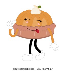 Cute illustration of a pie character in the form of a smiling slice with a raised thumb and a round pie with cream topping waving happily. The character wears white gloves and black shoes, displaying