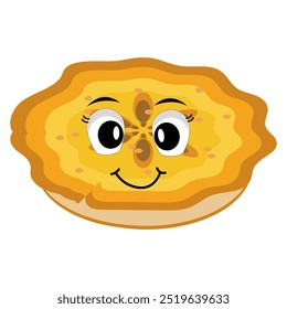 Cute illustration of a pie character in the form of a smiling slice with a raised thumb and a round pie with cream topping waving happily. The character wears white gloves and black shoes, displaying