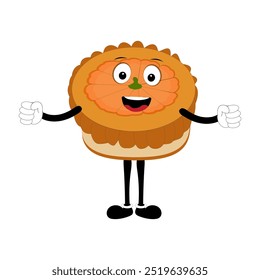 Cute illustration of a pie character in the form of a smiling slice with a raised thumb and a round pie with cream topping waving happily. The character wears white gloves and black shoes, displaying