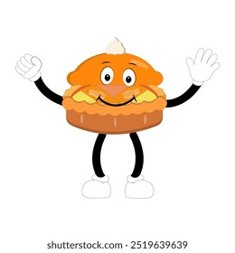 Cute illustration of a pie character in the form of a smiling slice with a raised thumb and a round pie with cream topping waving happily. The character wears white gloves and black shoes, displaying