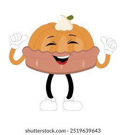 Cute illustration of a pie character in the form of a smiling slice with a raised thumb and a round pie with cream topping waving happily. The character wears white gloves and black shoes, displaying