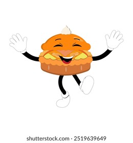 Cute illustration of a pie character in the form of a smiling slice with a raised thumb and a round pie with cream topping waving happily. The character wears white gloves and black shoes, displaying