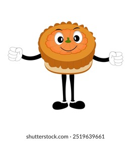 Cute illustration of a pie character in the form of a smiling slice with a raised thumb and a round pie with cream topping waving happily. The character wears white gloves and black shoes, displaying