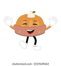 Cute illustration of a pie character in the form of a smiling slice with a raised thumb and a round pie with cream topping waving happily. The character wears white gloves and black shoes, displaying