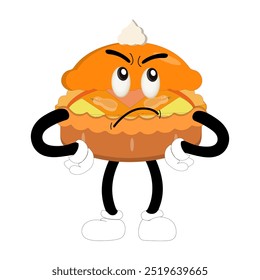 Cute illustration of a pie character in the form of a smiling slice with a raised thumb and a round pie with cream topping waving happily. The character wears white gloves and black shoes, displaying