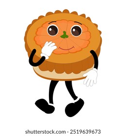 Cute illustration of a pie character in the form of a smiling slice with a raised thumb and a round pie with cream topping waving happily. The character wears white gloves and black shoes, displaying