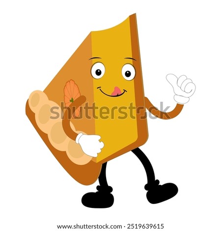 Cute illustration of a pie character in the form of a smiling slice with a raised thumb and a round pie with cream topping waving happily. The character wears white gloves and black shoes, displaying