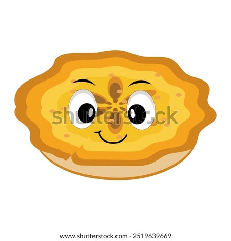 Cute illustration of a pie character in the form of a smiling slice with a raised thumb and a round pie with cream topping waving happily. The character wears white gloves and black shoes, displaying