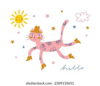 Cute Illustration with a Pink Cat. Colorful Hand Drawn Vector Graphic With Cute Kitty, Stars, Clouds and Sun on a White Background. Happy Kitten Print ideal for Card, Wall Art, Poster.