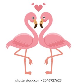 Una linda ilustración de una pareja de flamencos rosados enamorados. Los flamencos están de pie en una pierna y tienen corazones sobre sus cabezas. San Valentín.