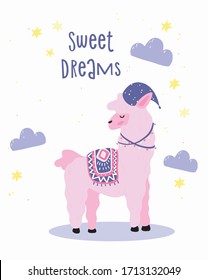 Cute illustration with a pink llama in a sleeping cap. Vector illustration for a poster in the bedroom, print for t-shirts for a child or pajamas.