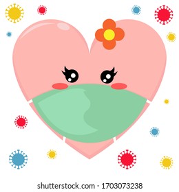 Cute Illustration of Pink Love Character Wear a Face Mask