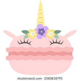 Cute illustration of a pink macaron with closed eyes, a golden horn and a crown of flowers, resembling a unicorn, isolated on a white background, ideal for children s designs