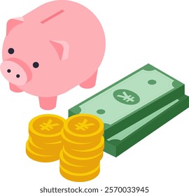 A cute illustration of a pink piggy bank with Japanese yen coins and banknotes