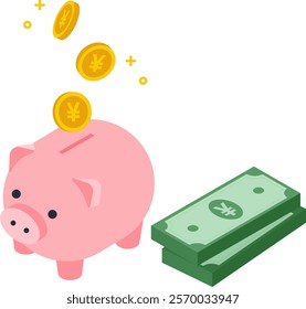 A cute illustration of a pink piggy bank with Japanese yen coins and banknotes