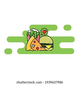 Cute Illustration of pizza, cheese burger, and french fries with love icon. modern simple food vector icon, flat graphic symbol in trendy flat design style.