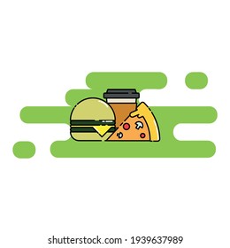 Cute Illustration of pizza, coffee, and cheese burger. modern simple food vector icon, flat graphic symbol in trendy flat design style.