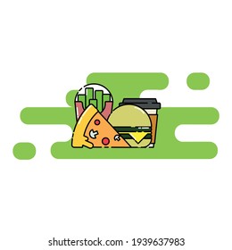 Cute Illustration of pizza, coffee, french fries, cheese burger. modern simple food vector icon, flat graphic symbol in trendy flat design style.