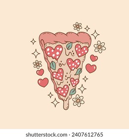 Ilustración ligera de pizza con pepperoni en forma de corazón y queso fundido, triángulo de pizza , pizza retro