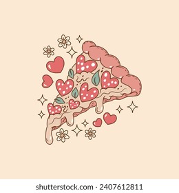 Cute Illustration of pizza with heart-shaped pepperoni and melted cheese, pizza triangle , retro pizza