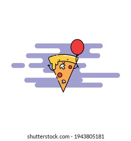 Cute Illustration of pizza holds balloon. modern simple food vector icon, flat graphic symbol in trendy flat design style, children wallpaper cartoon set.