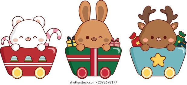 cute illustration of polar bear, bunny, deer riding christmas trains vector clipart