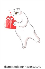Reine Illustration mit einem Eisbären. Vektorgrafik eines Eisbären, der ein Weihnachtsgeschenk hält. Vorlage für eine Postkarte.