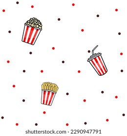 Cute illustration of Popcorn, soft drink, french fries doodles drawing on white background beautiful seamless pattern. For printing, fabric, textile, manufacturing, wallpapers.