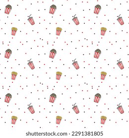 Cute illustration of Popcorn, soft drink, french fries doodles drawing on white background beautiful seamless pattern. For printing, fabric, textile, manufacturing, wallpapers.