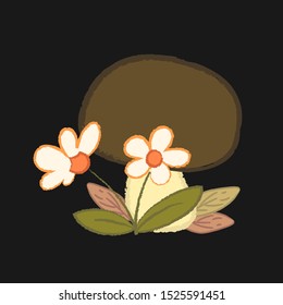 Cute illustration of porcini mushroom with camilla flowers and fallen autumn leaves. Vector isolated graphic design elements. Forest, wild life, botany, garden, park. Decoration for kitchen or garden