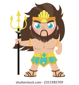 Cute illustration of Poseidon god of the sea and storm on a white background. Cute cartoon Greek gods isolated on white background for packing paper, fabric, postcard, clothing, printable game card. 