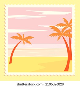 Cute illustration of a postage stamp. Vector postage stamp depicting a landscape, the setting sun on vacation by the sea.