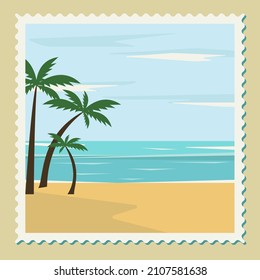 Cute illustration of a postage stamp. Vector postage stamp depicting a landscape, relaxing by the ocean.