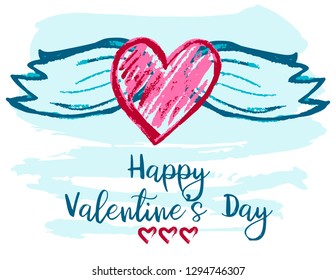 Cute illustration, postcard, flyer, banner. Greeting card with hearts and wings. Happy Valentine's Day