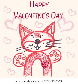 Cute illustration, postcard. Greeting card with hearts and cute animals. Happy Valentine's Day. Cute cat in love
