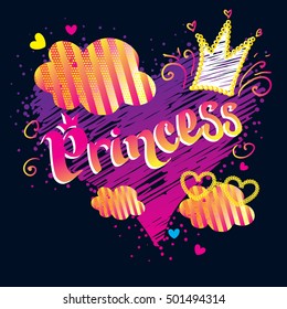 Cute illustration postcard with hand drawing heart, crown, clouds, sunglasses with sequins  and handwritten text Princess, bright colorful elements.Funny childish, girlish design on black background, 