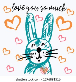 Cute illustration, postcard. Valentine's Day. I love you so much. Bunny, rabbit
