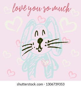 Cute illustration, postcard. Valentine's Day. Congratulations, declarations of love. I love you so much. Bunny, rabbit