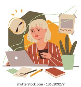 Cute illustration of pretty girl working on laptop at home or office. Hand drawn vector female illustration of pretty young woman with mug on abstract background. drawing for card, poster, postcard