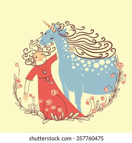 Cute illustration with princess and unicorn