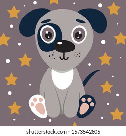 Cute illustration puppy for kids. Nursery funny dog. Vector character for print. Background with stars.