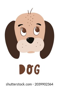 cute illustration of a puppy with a word 'Dog' underneath. Good for nursery posters, prints, cards, education, kids apparel, etc. EPS 10