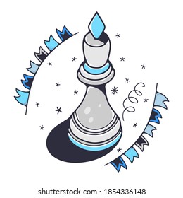Cute illustration with queen chess piece. Isolated on a white background. Vector doodle illustrations.