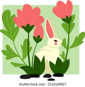 cute illustration of a rabbit on a bluish background surrounded by flowers and plants, suitable for postcards, Easter, printing