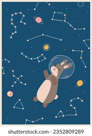 cute illustration with rabbit in suitspace in space